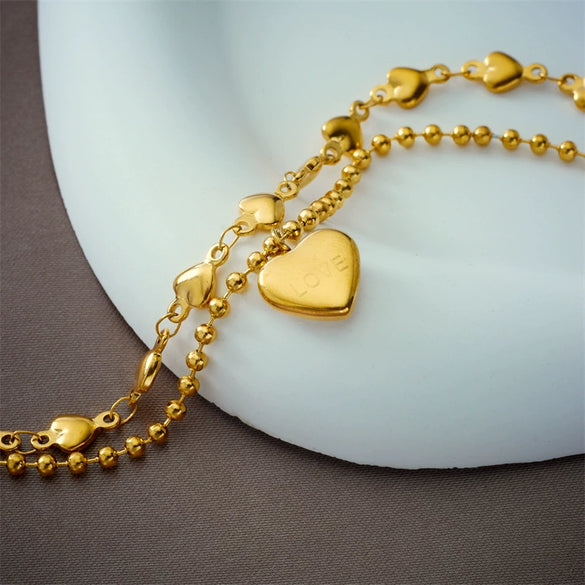 Women's Doublelayered Love Ball Bead Heart Shape Stainless Steel Jewelry Bracelet With Electroplating