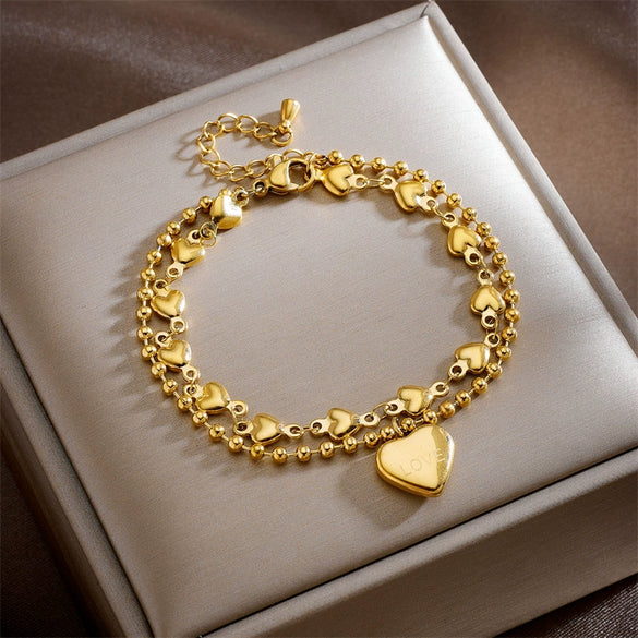 Women's Doublelayered Love Ball Bead Heart Shape Stainless Steel Jewelry Bracelet With Electroplating