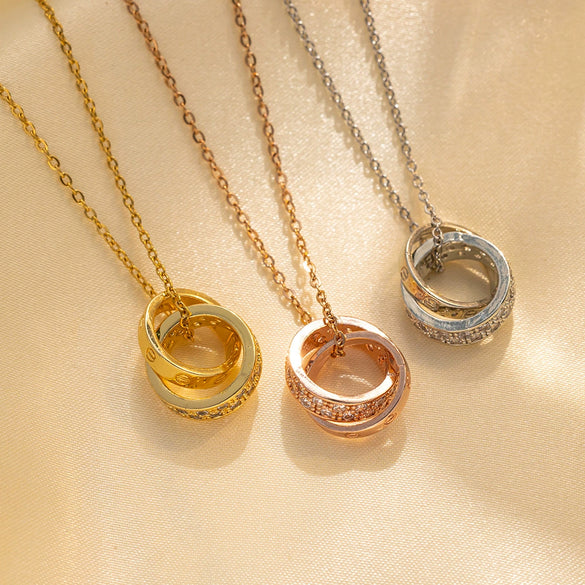 Women's Doublering Necklace Pendant With Diamond Rose On Ball Chain Made Of Titanium Steel With Electroplating Treatment