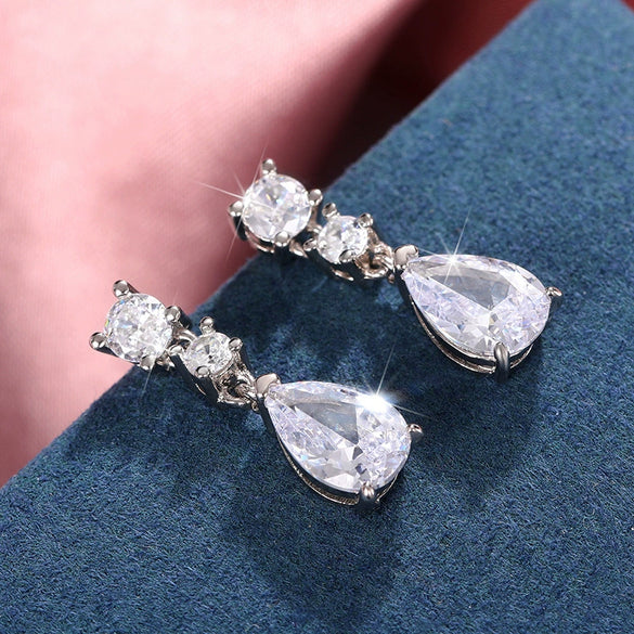 Women's Dropshaped Copper Earrings With Microembedded Pearshaped Zircon And Geometric Pattern Light Luxury Style