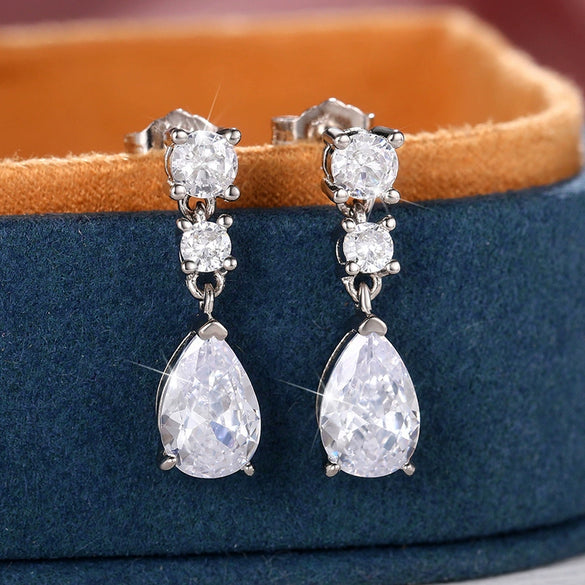 Women's Dropshaped Copper Earrings With Microembedded Pearshaped Zircon And Geometric Pattern Light Luxury Style