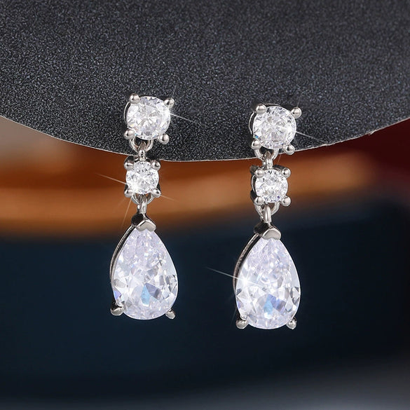 Women's Dropshaped Copper Earrings With Microembedded Pearshaped Zircon And Geometric Pattern Light Luxury Style