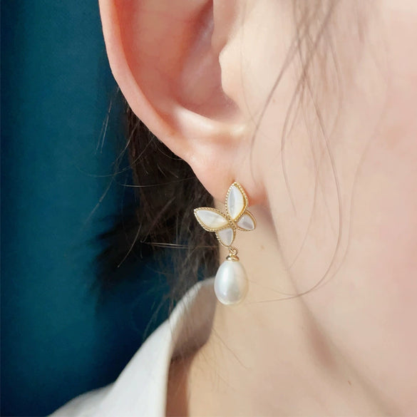 Women's Dropshaped Natural Freshwater Pearl And Sea Shell Butterfly Earrings Light Luxury Highgrade