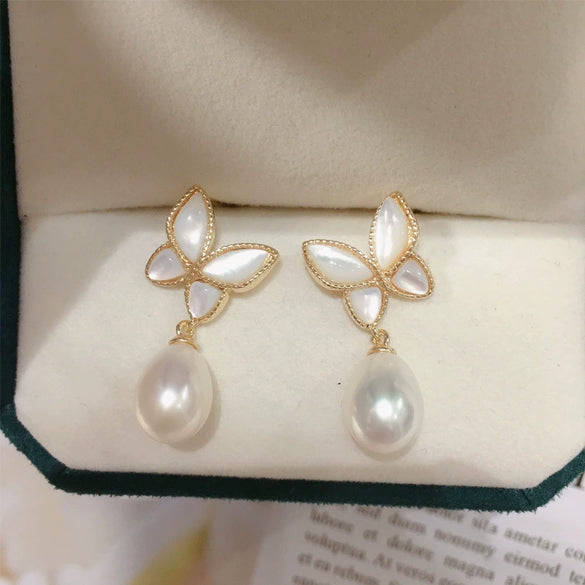 Women's Dropshaped Natural Freshwater Pearl And Sea Shell Butterfly Earrings Light Luxury Highgrade