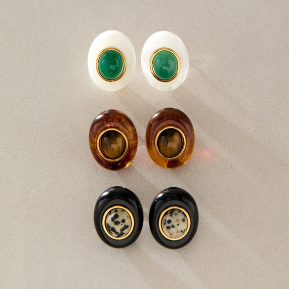 Women's Eggshaped Geometric Stainless Steel Stud Earrings With Pvd Gold Plating And Resin Design