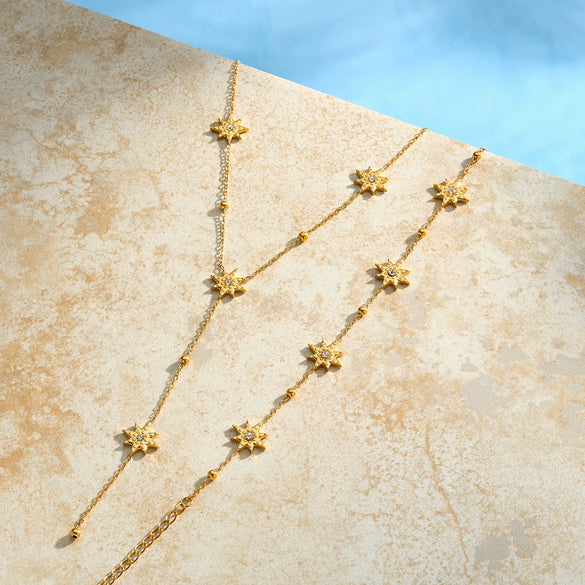 Women's Eight Pointed Star Geometric Rhinestone Stainless Steel Necklace And Bracelet Set With 18K Vacuum Plated Finish