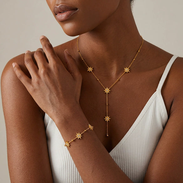 Women's Eight Pointed Star Geometric Rhinestone Stainless Steel Necklace And Bracelet Set With 18K Vacuum Plated Finish
