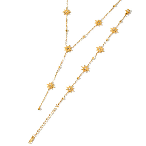 Women's Eight Pointed Star Geometric Rhinestone Stainless Steel Necklace And Bracelet Set With 18K Vacuum Plated Finish