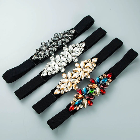 Women's Elastic Waist Belt With Snap Buckle Flower Rhinestone And Artificial Gemstone Decoration Fashion Waist Accessory