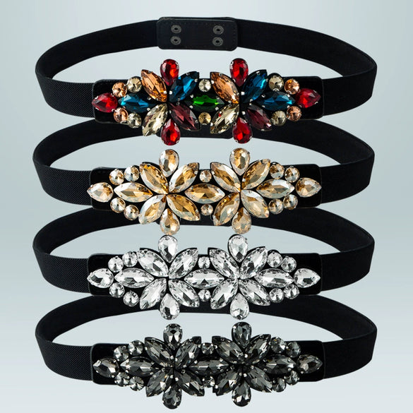 Women's Elastic Waist Belt With Snap Buckle Flower Rhinestone And Artificial Gemstone Decoration Fashion Waist Accessory