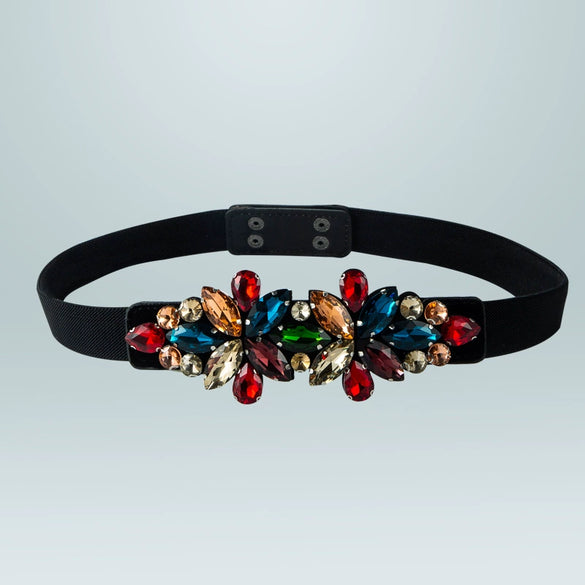 Women's Elastic Waist Belt With Snap Buckle Flower Rhinestone And Artificial Gemstone Decoration Fashion Waist Accessory