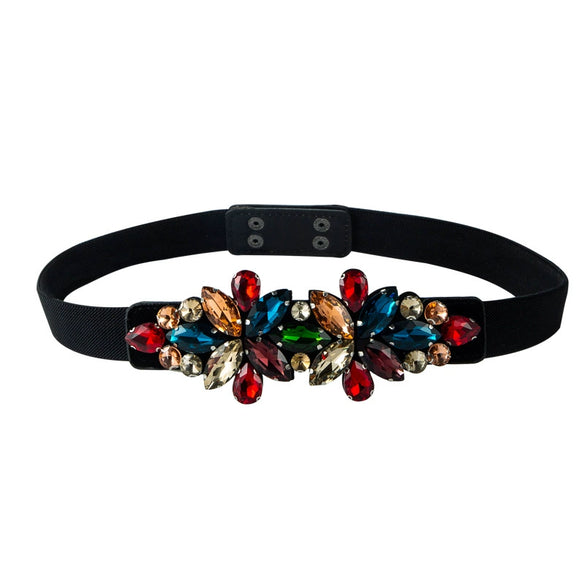 Women's Elastic Waist Belt With Snap Buckle Flower Rhinestone And Artificial Gemstone Decoration Fashion Waist Accessory