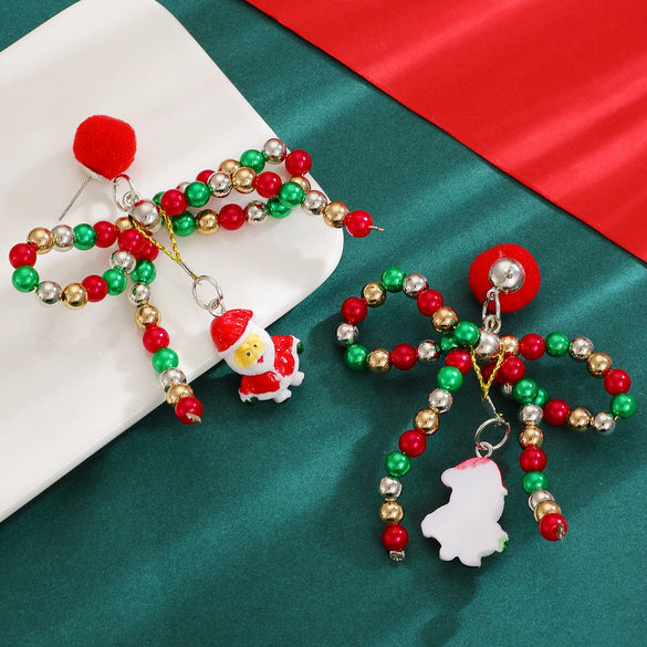 Women's Electroplated Alloy Beaded Bow Earrings With Santa Claus Pendants Colorful Christmas Festival Jewelry
