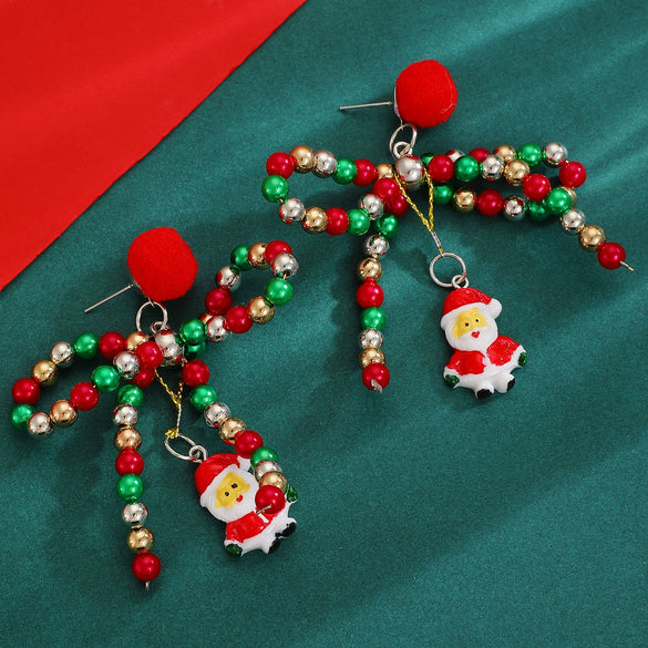 Women's Electroplated Alloy Beaded Bow Earrings With Santa Claus Pendants Colorful Christmas Festival Jewelry