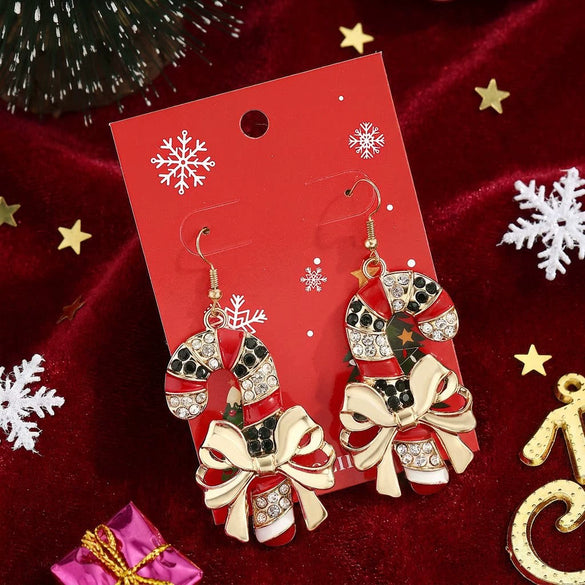 Women's Electroplated Alloy Caneshaped Drop Earrings With Rhinestone Bow And Festive Design