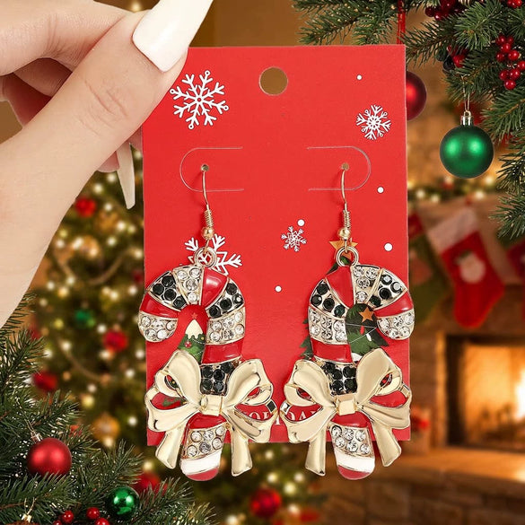 Women's Electroplated Alloy Caneshaped Drop Earrings With Rhinestone Bow And Festive Design