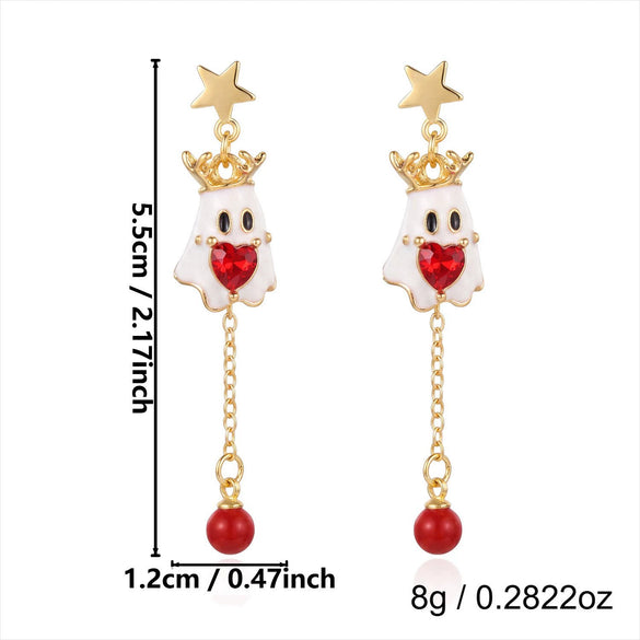 Women’s Electroplated Alloy Christmas Tree Drop Earrings With Cute Ghost And Crown Design And Stainless Steel Posts