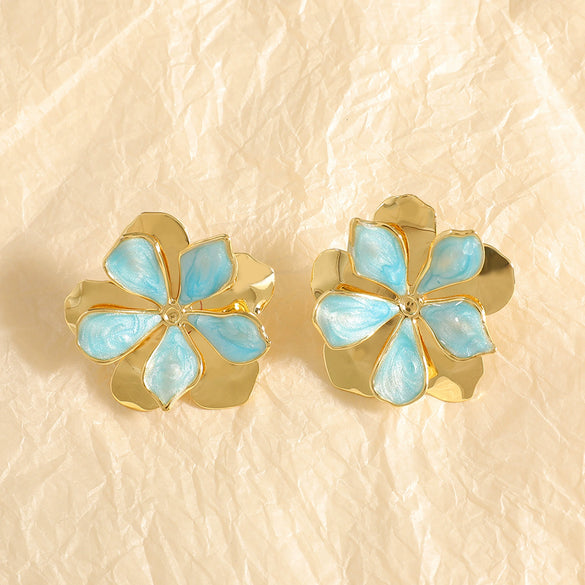 Women's Electroplated Alloy Flower Stud Earrings With Hollow Doublelayer Petal Design And Stainless Steel Posts