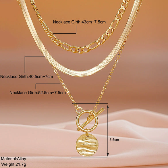 Women's Electroplated Alloy Geometric Coin Pendant Necklace With Snake Bone Chain And Layered Retro Design