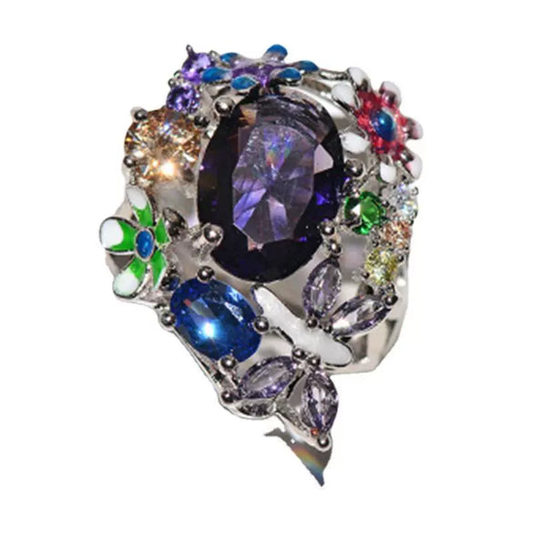 Women's Electroplated Alloy Geometric Purple Rhinestone Flower Ring Sweet Cool Style Fashion Jewelry