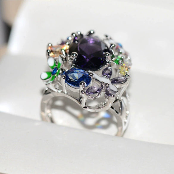 Women's Electroplated Alloy Geometric Purple Rhinestone Flower Ring Sweet Cool Style Fashion Jewelry