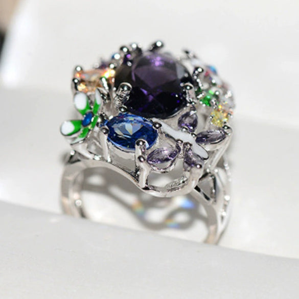 Women's Electroplated Alloy Geometric Purple Rhinestone Flower Ring Sweet Cool Style Fashion Jewelry