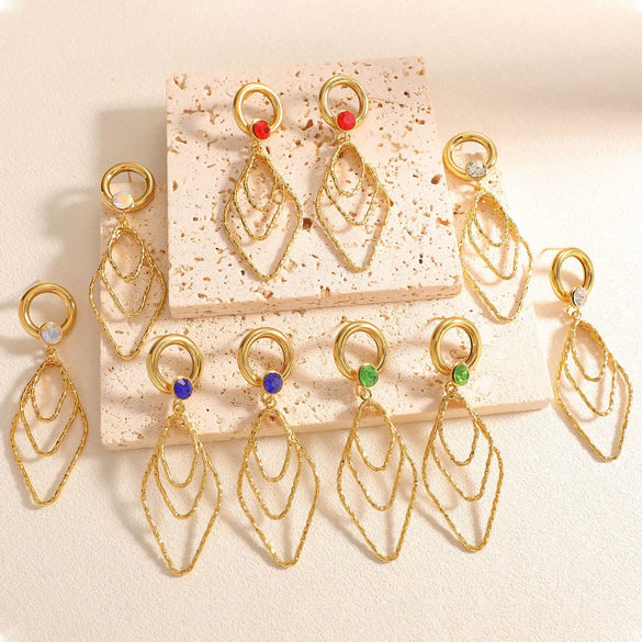 Women's Electroplated Alloy Geometric Rhombus Layered Tassel Earrings With Stainless Steel Posts Long Fashion Statement Ear Accessories