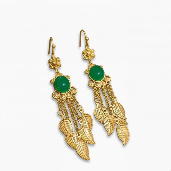 Women's Electroplated Alloy Leaf Tassel Earrings With Steel Needles Retro Palace Style Geometric Drop Jewelry