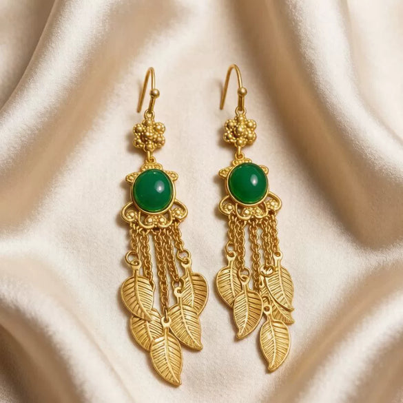 Women's Electroplated Alloy Leaf Tassel Earrings With Steel Needles Retro Palace Style Geometric Drop Jewelry