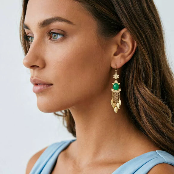 Women's Electroplated Alloy Leaf Tassel Earrings With Steel Needles Retro Palace Style Geometric Drop Jewelry