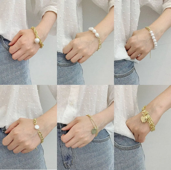 Women's Electroplated Alloy Multilayer Pearl Irregular Geometry Bracelet