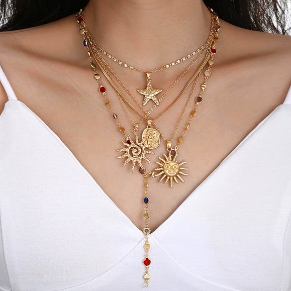 Women's Electroplated Alloy Yshaped Long Layered Necklace With Colorful Diamond Rose Starfish And Geometric Charms