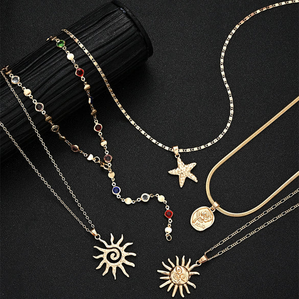 Women's Electroplated Alloy Yshaped Long Layered Necklace With Colorful Diamond Rose Starfish And Geometric Charms