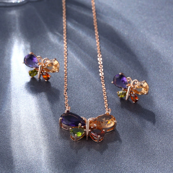 Women's Electroplated Copper Butterfly And Dragonfly Necklace Earrings Set With Colorful Crystal Zircon Pendant Natural Style Jewelry