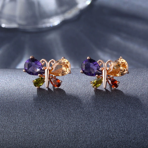 Women's Electroplated Copper Butterfly And Dragonfly Necklace Earrings Set With Colorful Crystal Zircon Pendant Natural Style Jewelry