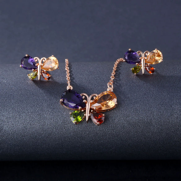 Women's Electroplated Copper Butterfly And Dragonfly Necklace Earrings Set With Colorful Crystal Zircon Pendant Natural Style Jewelry