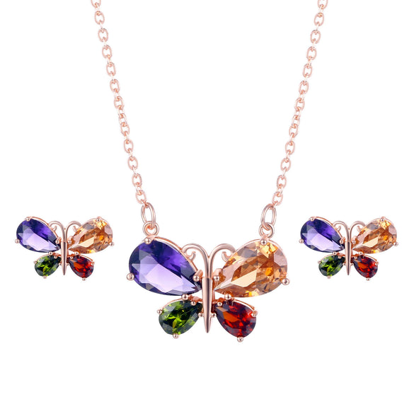 Women's Electroplated Copper Butterfly And Dragonfly Necklace Earrings Set With Colorful Crystal Zircon Pendant Natural Style Jewelry