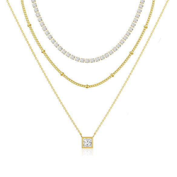 Women's Electroplated Copper Choker Necklace With Geometric Round And Square Zircon Pendant Versatile Fashion Jewelry Gift