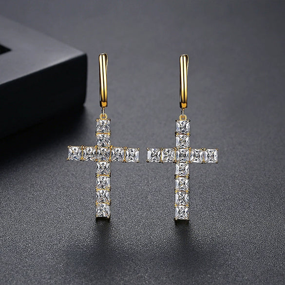 Women's Electroplated Copper Cross Drop Earrings With Microinlaid Zircon Accents Hip Hop Light Luxury Ear Accessories
