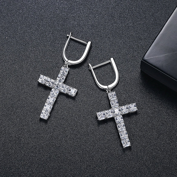 Women's Electroplated Copper Cross Drop Earrings With Microinlaid Zircon Accents Hip Hop Light Luxury Ear Accessories
