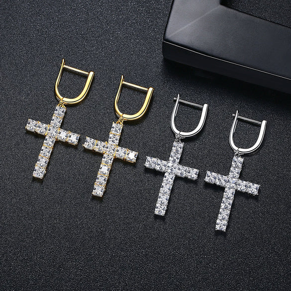 Women's Electroplated Copper Cross Drop Earrings With Microinlaid Zircon Accents Hip Hop Light Luxury Ear Accessories