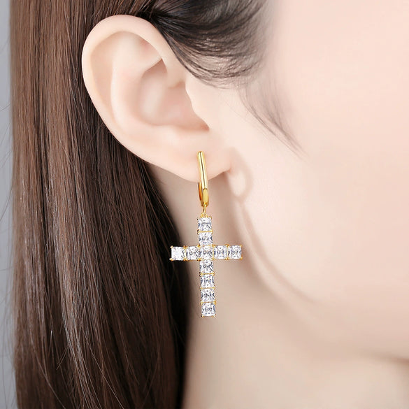 Women's Electroplated Copper Cross Drop Earrings With Microinlaid Zircon Accents Hip Hop Light Luxury Ear Accessories