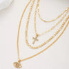 Women's Electroplated Copper Cross Pendant Necklace With Rhinestones And Geometric Multilayer Flat Chain Collar Necklace