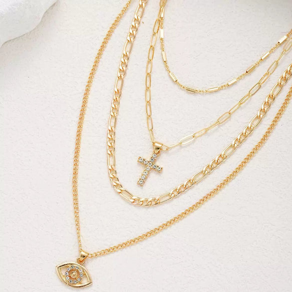 Women's Electroplated Copper Cross Pendant Necklace With Rhinestones And Geometric Multilayer Flat Chain Collar Necklace
