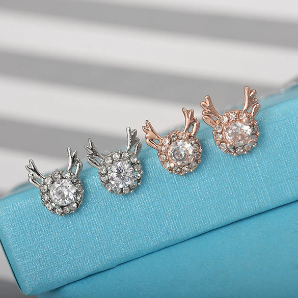 Women's Electroplated Copper Elk Antler Earrings With Snowflake Zircon And Stainless Steel Posts