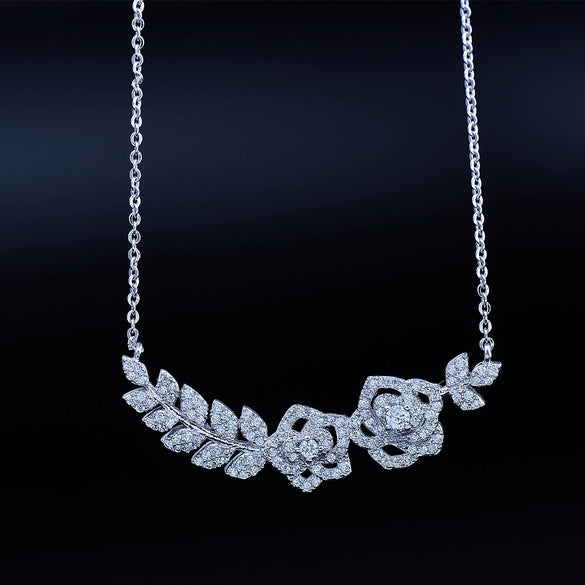 Women's Electroplated Copper Flower Branch Necklace With Clear Zircon Pendant And Cross Chain Fashion Jewelry