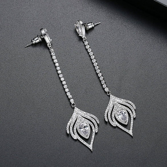 Women’s Electroplated Copper Geometric Zircon Tassel Drop Earrings With Feather Inspired Design