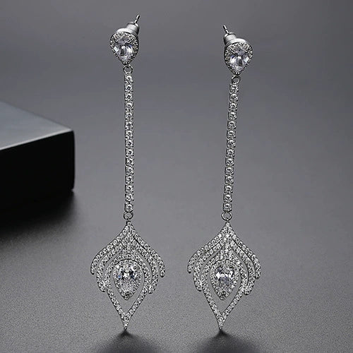 Women’s Electroplated Copper Geometric Zircon Tassel Drop Earrings With Feather Inspired Design