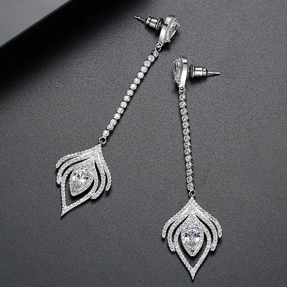 Women’s Electroplated Copper Geometric Zircon Tassel Drop Earrings With Feather Inspired Design