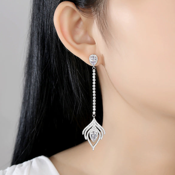Women’s Electroplated Copper Geometric Zircon Tassel Drop Earrings With Feather Inspired Design